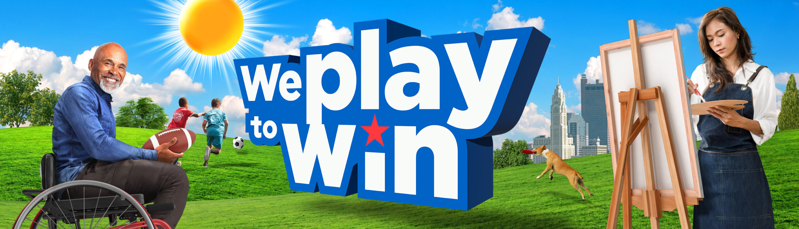 Collage of people enjoying recreation and parks amenities with We Play to Win written on it