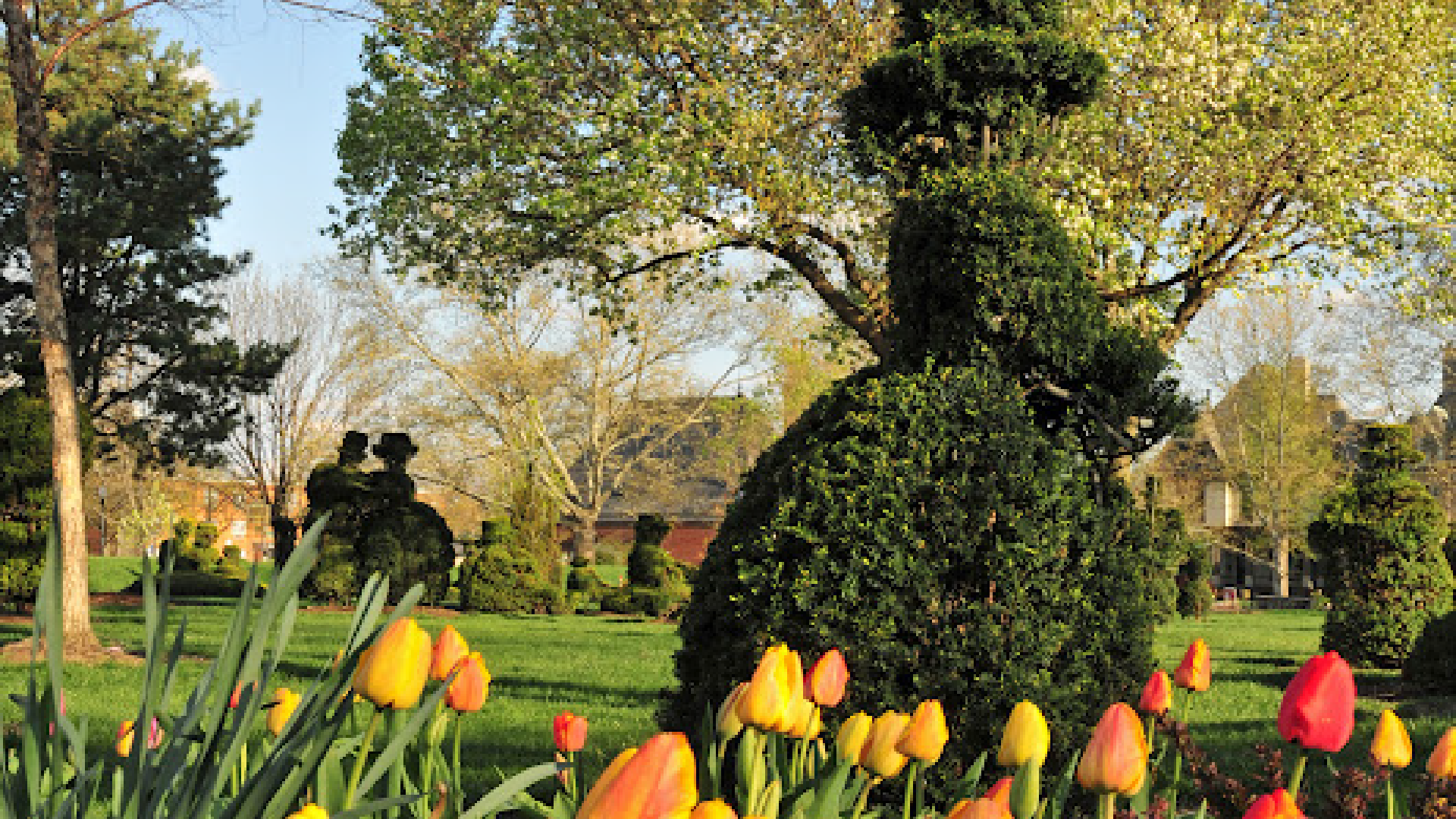 A topiary figure of a person wearing a hat with tulips in the foreground taken at Topiary Garden at Deaf School Park