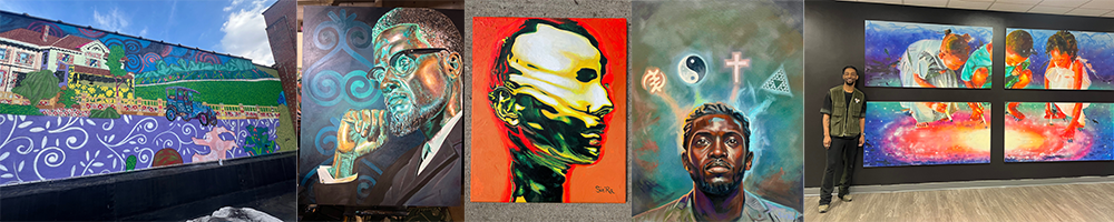 Collage of artwork (Left to right: artwork of painting of a house, portrait of Malcolm X, abstract art work of figure. portrait of man, Arris' standing by artwork)